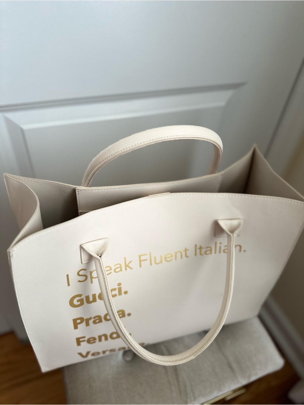 Cream Large Tote Bag with Gold Text - Designer Logo Statement - Picture 5 of 5
